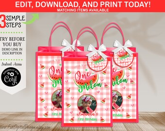 May include: Three pink and white watermelon-themed favor bags with white ribbon handles. Each bag has a pink and white gingham pattern with watermelon slices and hearts. The bags have a personalized label with a photo, the text "One in a Melon", and the name "Amanda's First Birthday".
