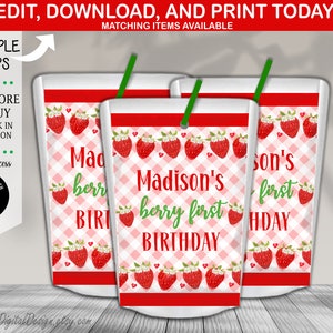 editable berry first birthday caprisun label template instant download strawberry party juice label template sweet one first birthday FD02