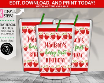 May include: Three juice pouches featuring a red and white gingham pattern with strawberry illustrations and green text that reads Madison's berry first BIRTHDAY. Each pouch includes a green straw and red borders at the top and bottom edges.