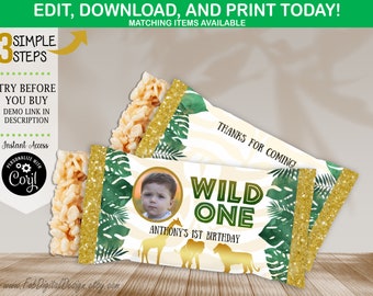Editable Wild One Rice Krispie Label Jungle Safari Boy 1er cumpleaños fiesta favorece Rice Krispie Snack Wrapper Descarga instantánea