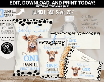 May include: A collection of party favor printables with a "Holy Cow!" theme. The set includes a chip bag, juice pouch, water label, and Rice Krispie wrapper, all featuring a watercolor Highland cow illustration and the text "I'm ONE Daniel's First Birthday."