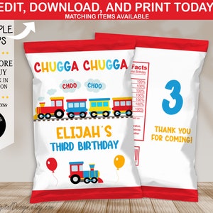 Bearbeitbare Zug Geburtstags-Chip-Tasche Chugga Chugga Choo Choo Chips Label Choo Choo Zug-Junge-Geburtstags-Gastgeschenke Zweiter Geburtstags-Party-Junge