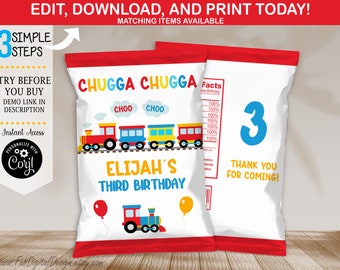 May include: A printable design for a chip bag featuring a cartoon train with the text "Chugga Chugga" and "Elijah's Third Birthday". The design also includes the number "3" and the text "Thank you for coming!"