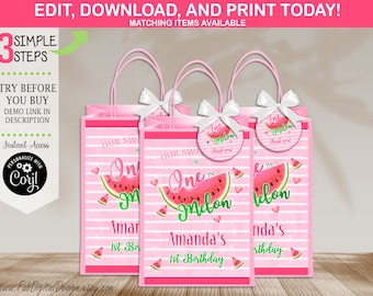 May include: Pink and green watermelon-themed favor bags with white handles and a white bow. The bags have a striped pattern and say "One in a Melon" with a watermelon graphic. The bags also have a small tag that says "One in a Melon, thank you".