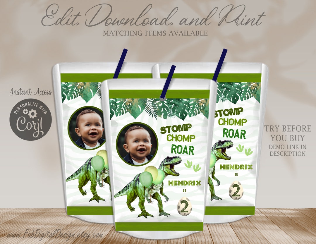 Editable Dinosaur Juice Pouch Dinosaur Birthday Party Favor - Etsy