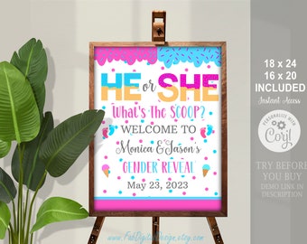 May include: A gender reveal party sign with a pink and blue ice cream cone design. The sign says "He or She? What's the scoop? Welcome to Monica & Jason's Gender Reveal. May 23, 2023".