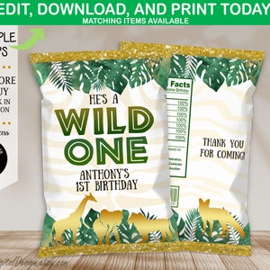 Editable Wild One Chip Bag Jungle Safari Boy 1st Birthday Party Favors Chips Wild One Safari Chip Bag Wrapper Instant Download