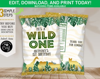 Edytowalny Wild One Chip Bag Jungle Safari Boy 1st Birthday Party Favors Chips Wild One Safari Chip Bag Wrapper Natychmiastowe pobranie