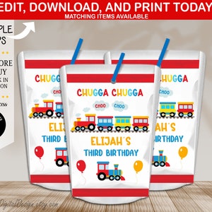 May include: Three red and white juice box labels with a train theme. The labels feature a cartoon train with the text "Chugga Chugga Choo Choo" and "Elijah's Third Birthday".
