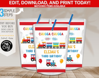 May include: Three red and white juice box labels with a train theme. The labels feature a cartoon train with the text "Chugga Chugga Choo Choo" and "Elijah's Third Birthday".