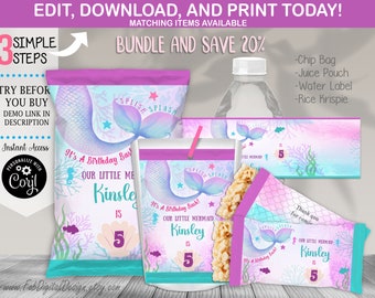 May include: A collection of mermaid-themed party supplies, including chip bags, juice pouches, water bottle labels, and Rice Krispie treat wrappers. The designs feature mermaid tails, seashells, and the text "It's a Birthday Bash!" and "Kinsley is 5."