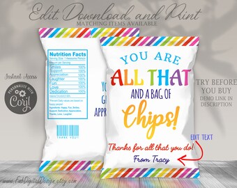 Chips Gift Label Teacher Staff Employee School Appreciation Week Gift You're All That and a Bag of Chips Thank You Bag DIY Editable Template