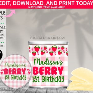Editable Berry First Birthday Chip Can Label Berry 1st Birthday Pringles Label Strawberry Party Favor Strawberry Party Instant Download FD01