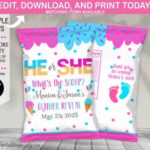 Editable He or She What&#39;s the Scoop Chip Bag Gender Reveal Chip Bag Ice Cream Gender Reveal Chip Bag What&#39;s The Scoop Gender Reveal Chip Bag