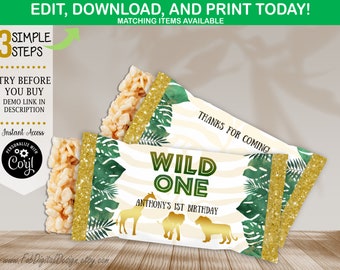 Editable Wild One Rice Krispie Label Jungle Safari Boy 1er cumpleaños fiesta favorece Rice Krispie Snack Wrapper Descarga instantánea