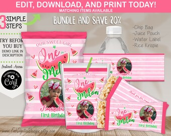 May include: Pink and green watermelon-themed party favor labels with a photo of a young girl and the text "Our Sweet Girl is One in a Melon" and "Amanda's First Birthday".