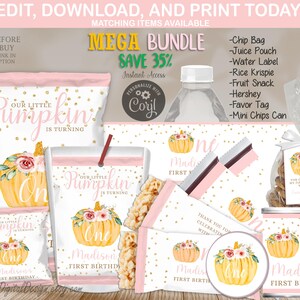 BUNDLE Our Little Pumpkin Is Turning One Chip Bag Rice Krispie Water Bottle Juice Pouch Hershey Pumpkin 1st Birthday Party Favors 06CC