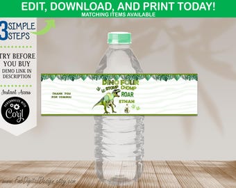 Editable Dino Four Water Bottle Labels Dinosaur Birthday Party Favor T-Rex Dino 4 Stomp Chomp Roar Editable Water Bottle Label Template