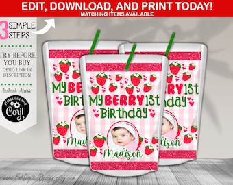 May include: Three juice pouches featuring a pink and white gingham background with red strawberry illustrations and green text that reads MY BERRY 1ST BIRTHDAY. Each pouch includes a circular photo of a baby and the name Madison in green script.