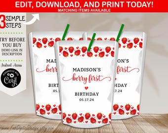 bewerkbare bessen eerste verjaardag caprisun labelsjabloon instant download aardbei partij sap labelsjabloon zoete eerste verjaardag FD03