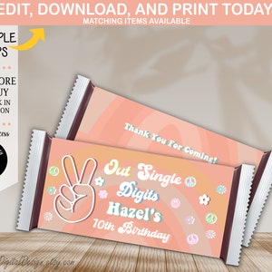 Edytowalna etykieta na tabliczkę czekolady Peace Out Single Digits Groovy 10. urodziny Hershey Bar Wrapper Hippie Rainbow Birthday Party Instant Download