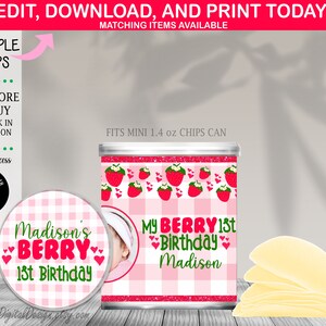 Editable Berry First Birthday Chip Can Label Berry 1st Birthday Pringles Label Strawberry Party Favors Strawberry Party Instant Download