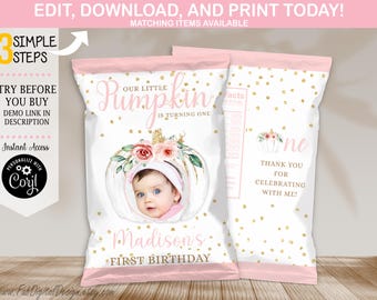 Bewerkbare kleine pompoen draait een zak met kleine pompoen Kleine pompoen Eerste verjaardagsfeestje gunsten Blush Pastel bloemen Verjaardag Chips-sjabloon 06CC