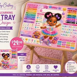 Puede incluir: Un diseño rectangular de bandeja de TV educativa con un gráfico colorido que incluye un personaje, el alfabeto, números, días de la semana, meses, colores y formas. El diseño incluye el texto My Name Is y mide 48,26 cm por 38,1 cm.
