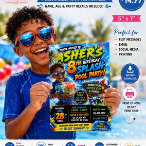 Water Gun Splash Pool Party | Summer Pool Invite | Custom Name Age | Digital Download | 5x7