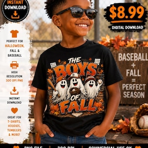 May include: A black t-shirt featuring a graphic of three ghosts wearing baseball caps and holding baseball equipment, surrounded by autumn leaves and pumpkins. The text reads THE BOYS OF FALL in orange letters. The design is for digital download.