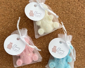 Personalised Baby Shower favour wax melts | 1 bear per bag | choose your scent & colour | personalised sticker