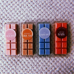 May include: Four wax melts in clear plastic packaging. The wax melts are in the scents "Sweet Tooth", "Caramel Dream", "Me Espresso", and "Daisy Baby".