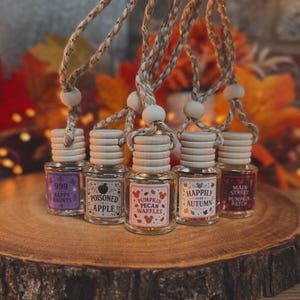 May include: Five small glass car air freshener bottles with wooden caps and braided hanging cords. Each bottle features a unique label: 999 Happy Haunts, Poisoned Apple, Pumpkin Pecan Waffles, Happily Ever Autumn, and Main Street Pumpkin Patch.
