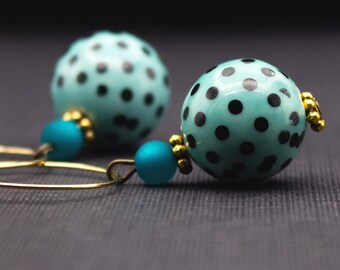 Hoop earrings, ceramic, mint black, gold, modern, vintage jewelry, trendy, polka dot, petticoat style, gold-colored, stylish