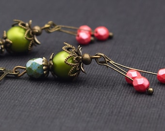 Pendientes, verde oliva, perlas, fucsia, bronce antiguo, verde, vintage, elegante, joyería nupcial, boda, verde lima, rosa, novia, joyería