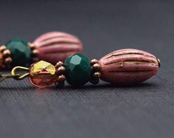Earrings in dusty rose and dark green, pearls, pink, antique bronze, statement, gold, women's, jewelry, drop pearls, green, baroque, pearl earrings