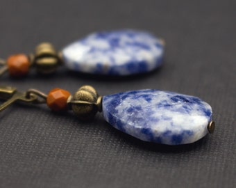 Earrings with teardrop beads, blue marbled, cognac brown, drops, marble, antique bronze, rust red, dark blue, noble, jewelry, vintage look