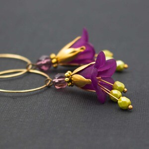 Earrings, blossoms, hoop earrings, berry, gold, olive green, purple, flowers, antique, vintage, noble, jewelry, plum, romantic, elegant, floral, women