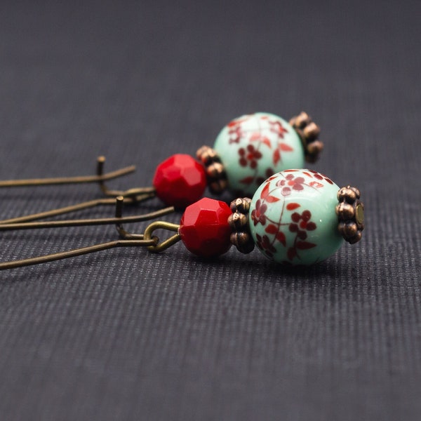 Ohrringe, Kirschblüten, mint, rot, Blüten, mintgrün, Japan, Ohrschmuck, antik bronze, geblümt, boho, vintage, floral, Geburstag, geschenk