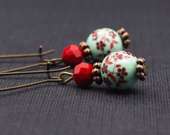 Earrings, cherry blossoms, mint, red, flowers, mint green, Japan, earrings, antique bronze, floral, boho, vintage, floral, birthday, gift