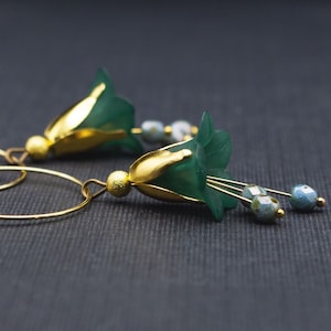 Earrings, blossoms, hoop earrings, dark green, ice blue, turquoise, gold, flowers, antique, boho, noble, jewelry, romantic, elegant, floral