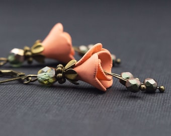 Earrings, flowers, apricot and lime green, antique bronze, romantic, boho, wedding, gift, flowers, floral, women, elegant, stylish, trendy