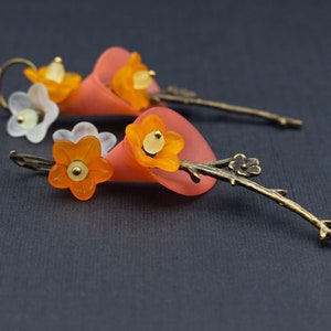 Earrings, cherry blossoms, pink, orange, white, blossoms, branch, Japan, earrings, antique bronze, floral, boho, vintage, floral, birthday