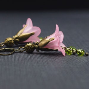 Earrings with pink flowers, light green pearls, floral and antique bronze