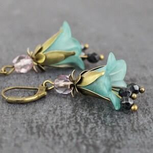 Earrings, flowers, petrol green and lilac, antique bronze, romantic, boho, party, gift, flowers, floral, women, elegant, stylish, trendy