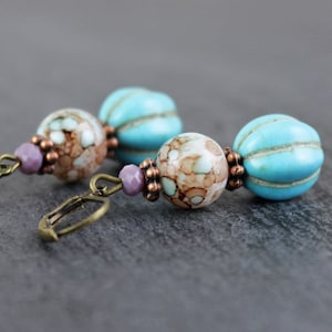 Earrings, pearls, pumpkin in blue, mint and purple, modern, jewellery, women, turquoise, pearl earrings, aqua, the sound of the sea, color
