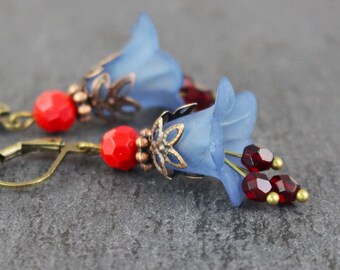 Flower earrings in blue and red, bluebells, romantic earrings, jewelry for women gift
