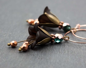 Hoop Earrings Flower Black and Copper Antique Bronze Romantic Boho Party Gift Flower Floral Women Elegant Rose Gold