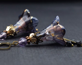 Flower earrings, lilac, black, purple, bronze, gold, flowers, jewelry, women, stylish, unique, flower earrings, hoop earrings, statement