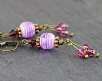 Earrings with striped beads, lilac and violet, antique bronze, jewelry for women, elegant, modern, lilac, stylish